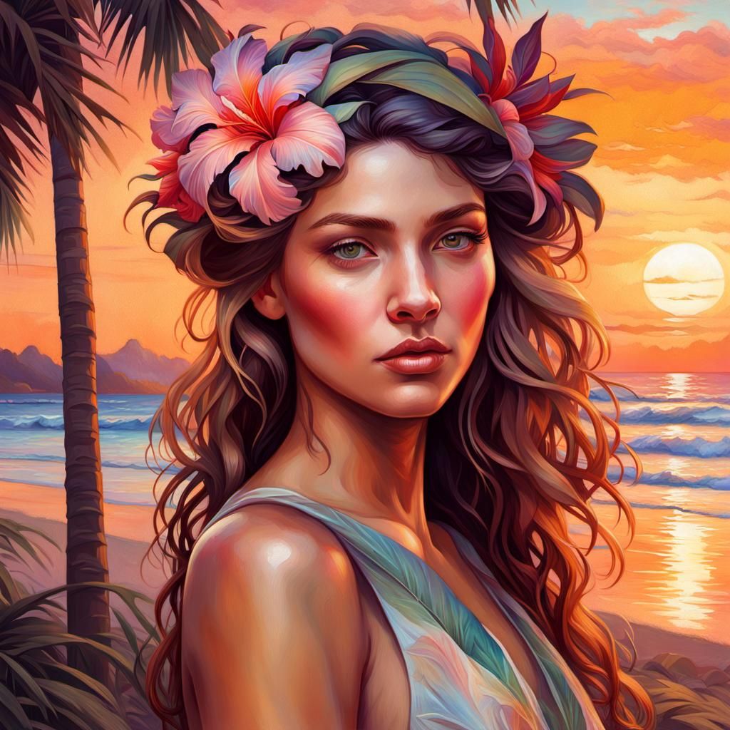 Tropical Sunset Girl: Art Nouveau Portrait