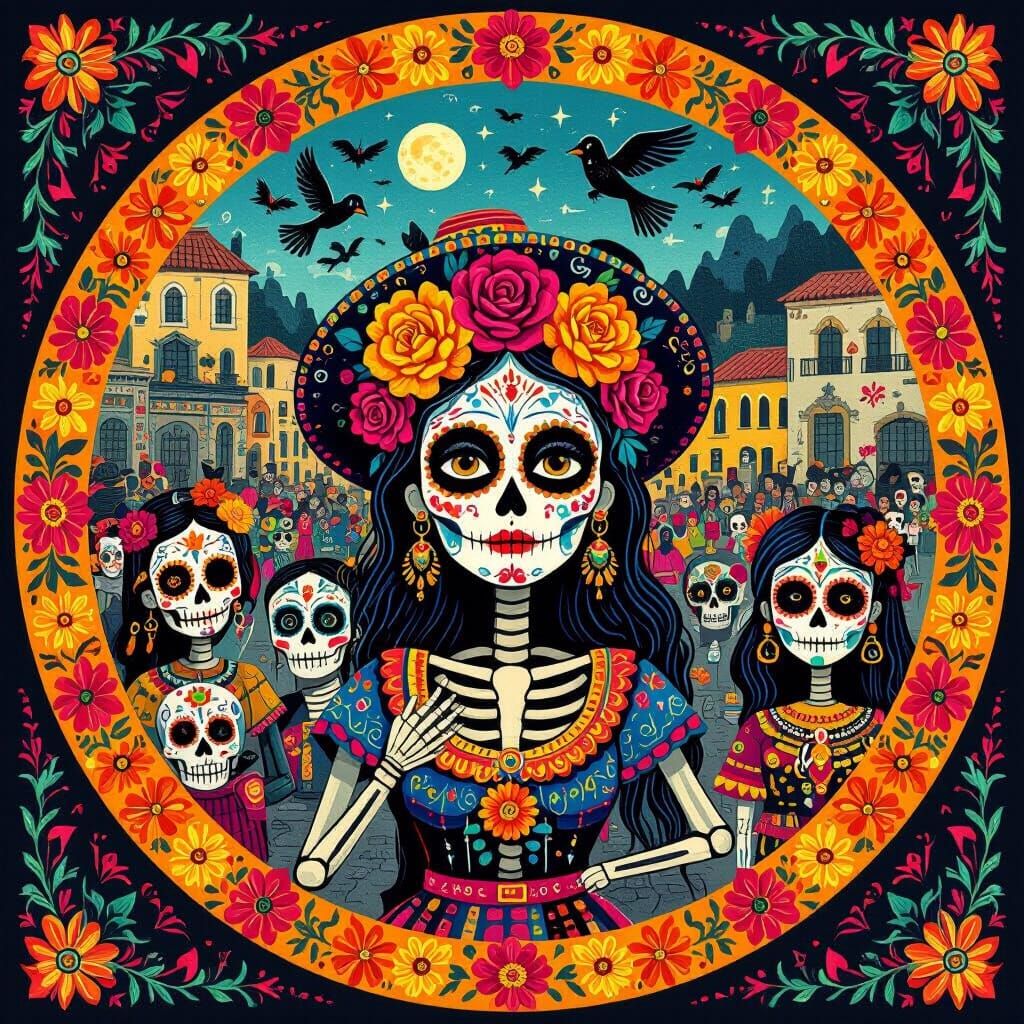 Day of the Dead Parade in Cartoon Style