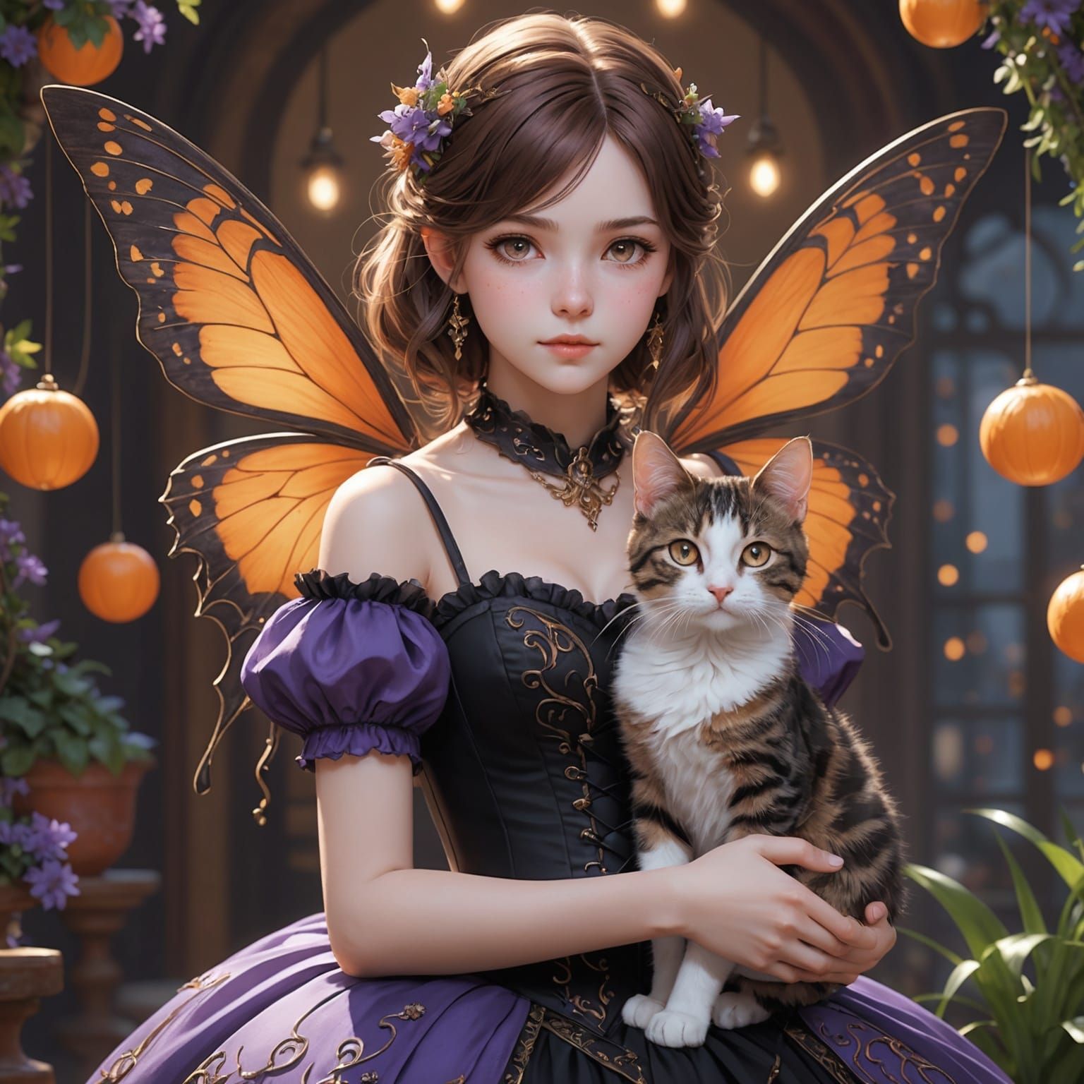 Fairy Girl Holding Tabby Cat in 3D Anime Art