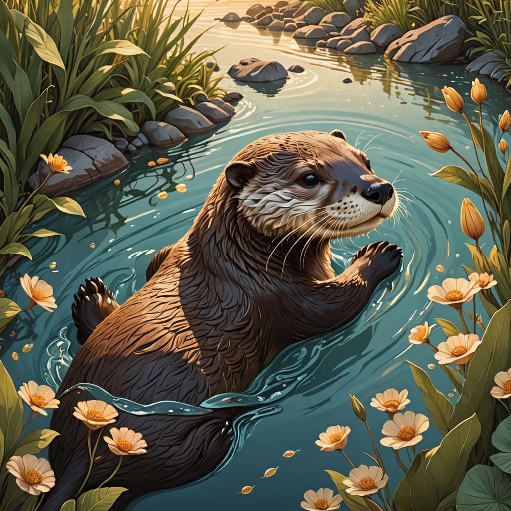 Whimsical Otter Floating Down Lazy River at Sunset