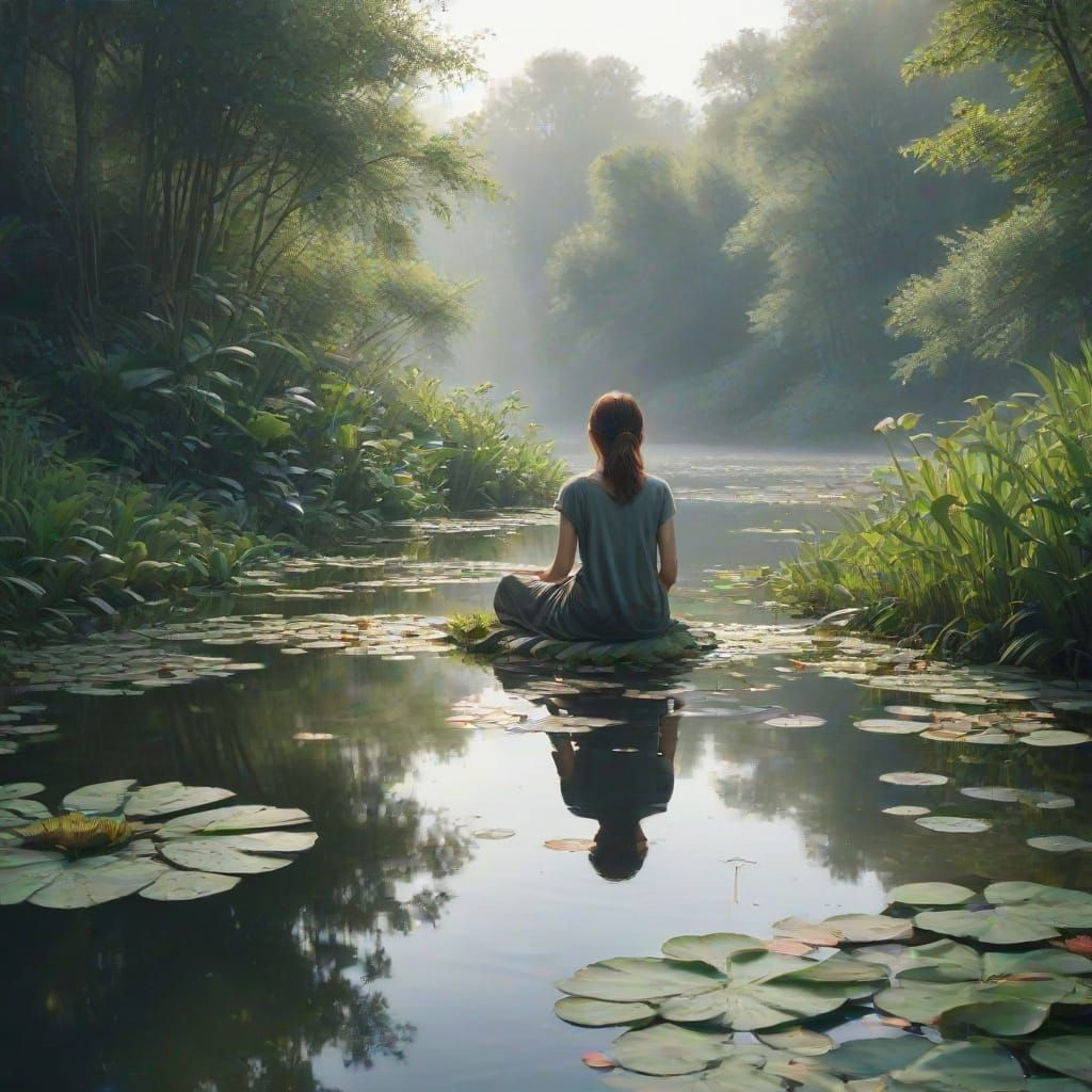 Serene Pond Scene in Watercolor Style