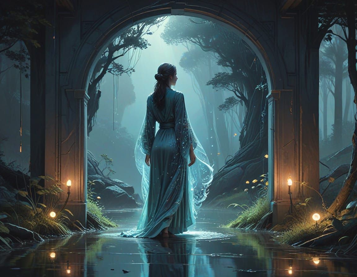 Dreamy Woman on Threshold of Mystical Realm