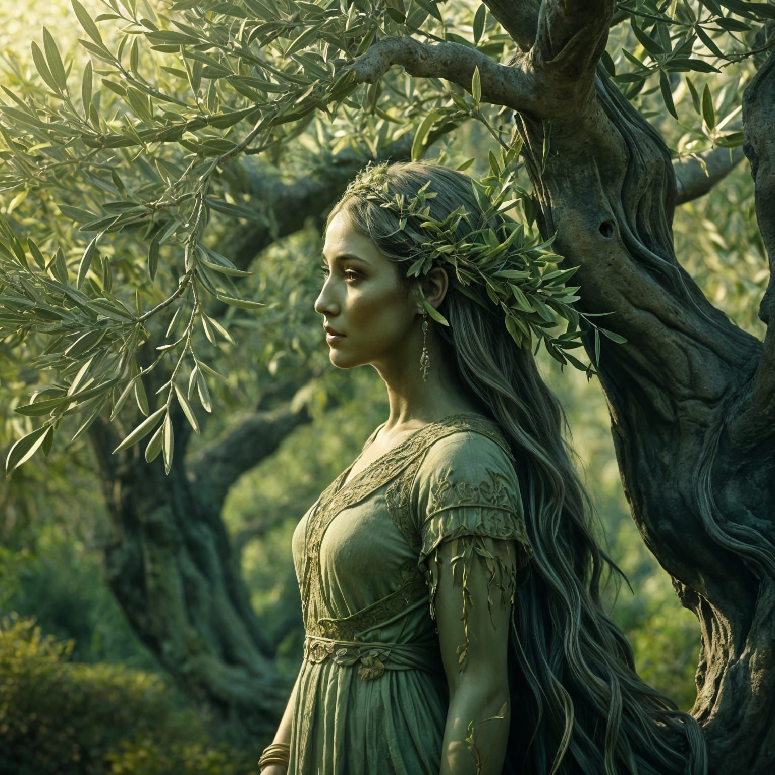 Dryad-Nymph hybrid. Medium shot. Orseis Olivea standing amid...