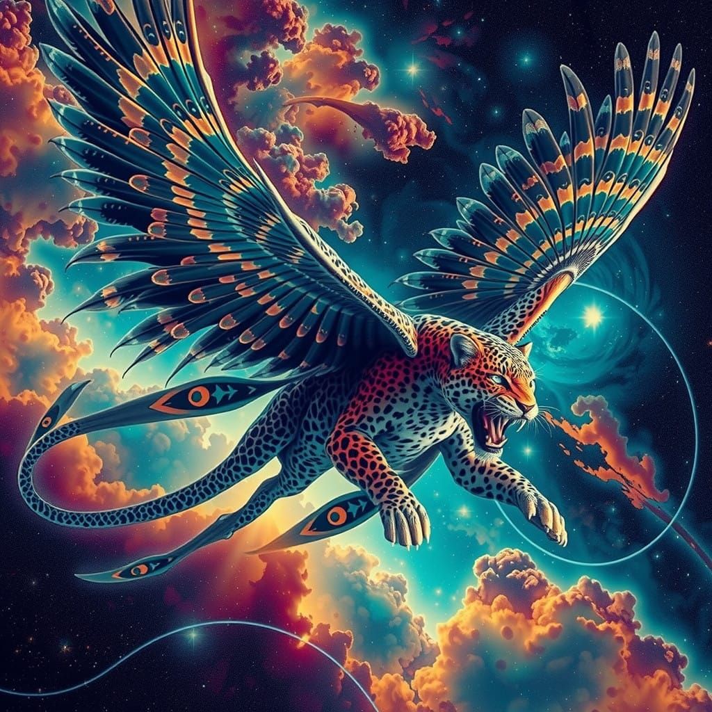 Dreamlike Flying Jaguar in Vibrant Nebula, Inverted Color, C...