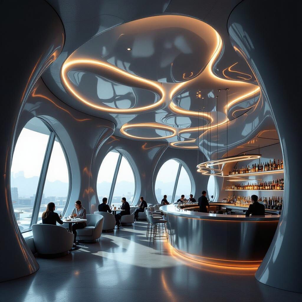 Futuristic Restaurant with Waved Walls in High-Tech Style