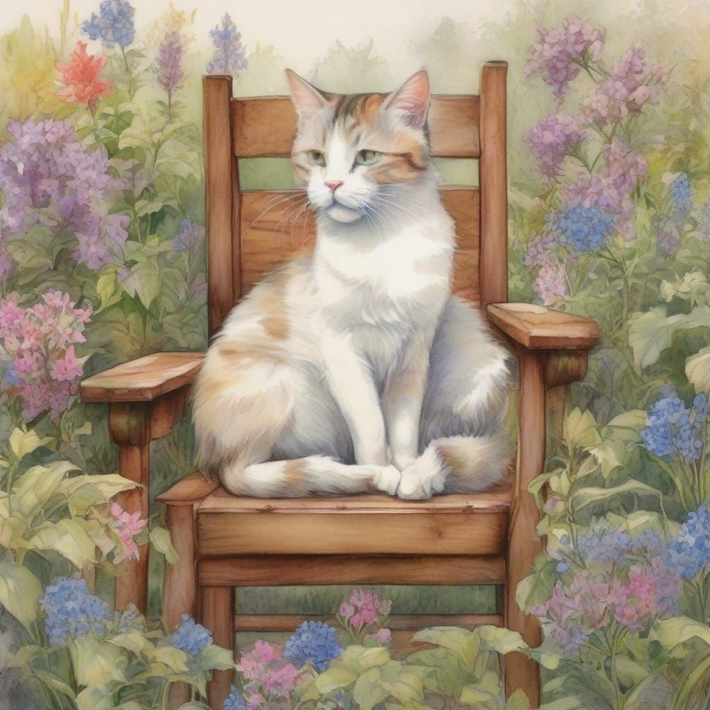 Charming Boho Garden Scene with Cat and Flowers