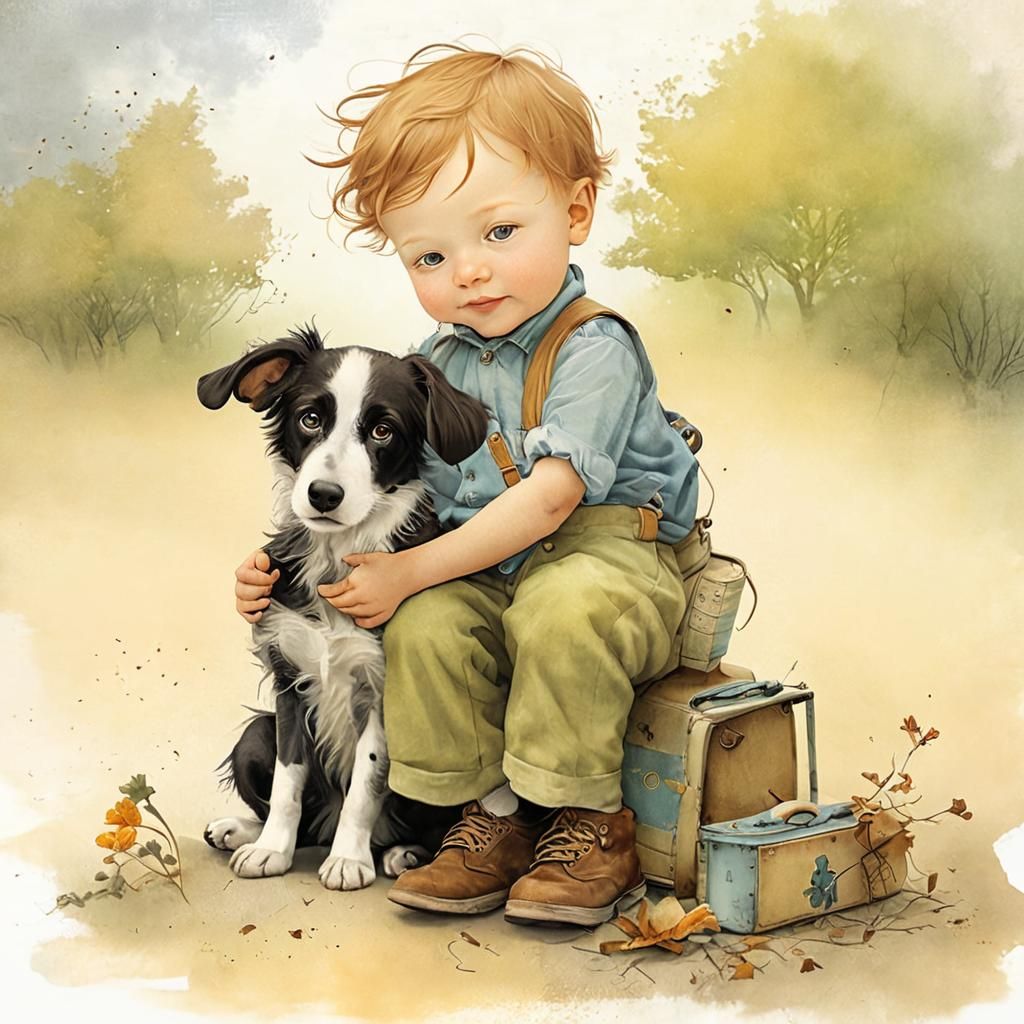 Rugged Toddler Boy Plays with Adorable Dog in a Cozy Setting