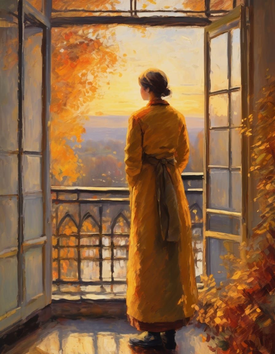 Autumn Landscape in Impressionist Style with Warm Golden Lig...