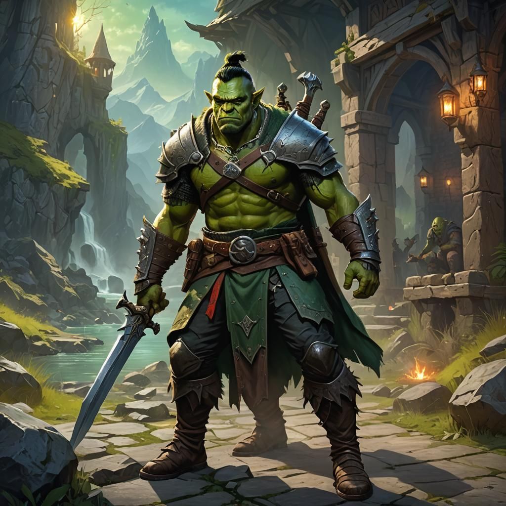 Half-Orc Warrior in Epic Fantasy Landscape