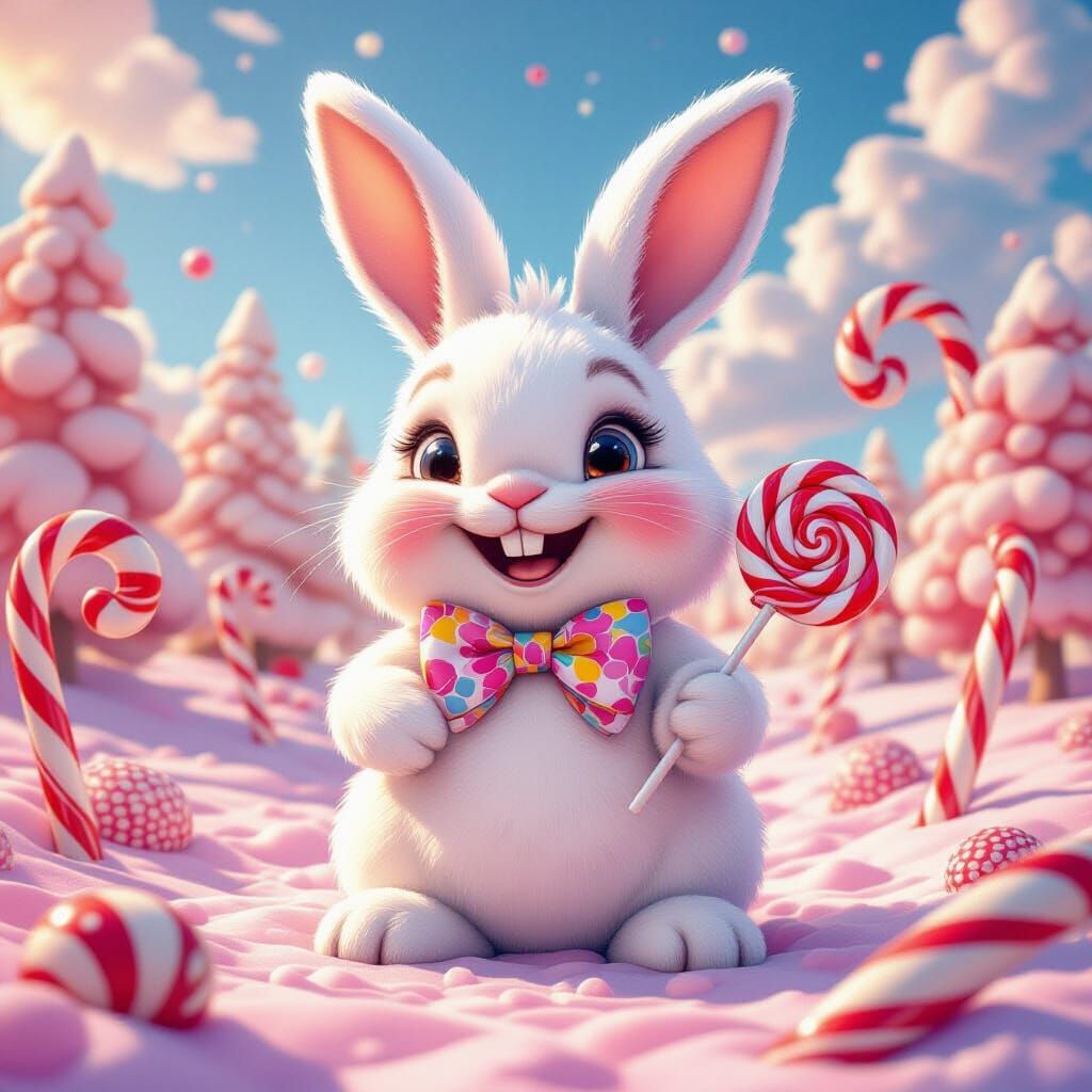 Marshmallow Rabbit in Candyland: Hyperrealistic Digital Art