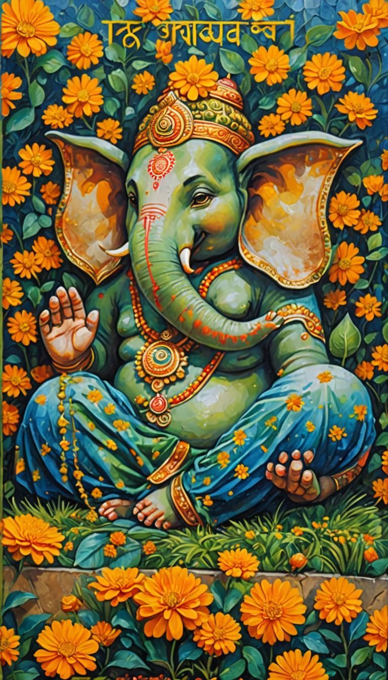 Ganeshji in Sacred Garden, Vibrant Poster Color Painting