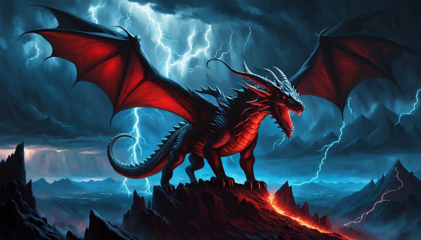 Sad Red Dragon Cries Amidst Lightning Storm