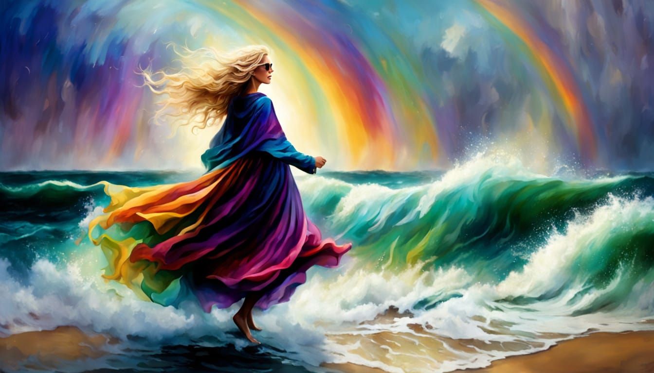 Determined Woman Walks the Beach in a Whimsical Storm Scene