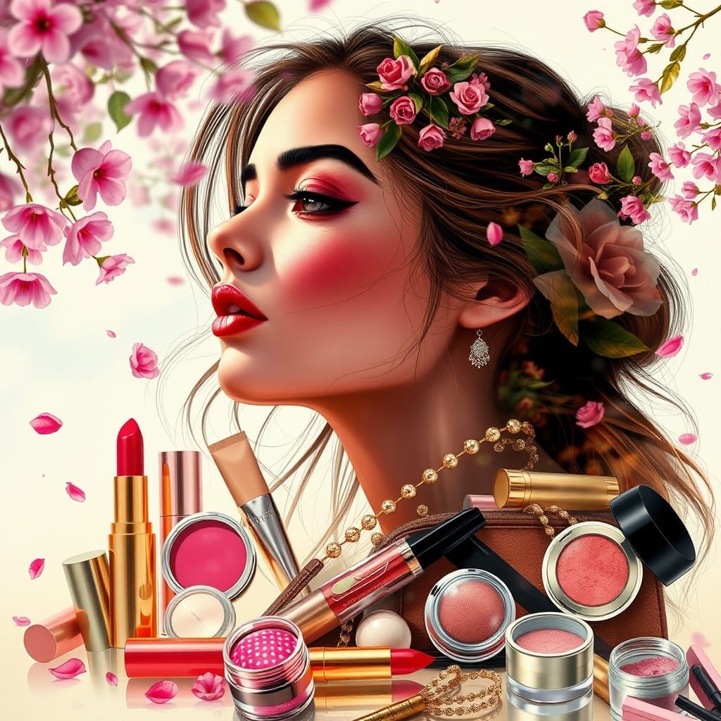 Surreal Double Exposure of a Woman Surrounded by Whimsical C...