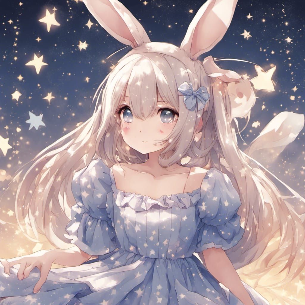 Rabbit in Starry Dress: Kawaii Anime Art
