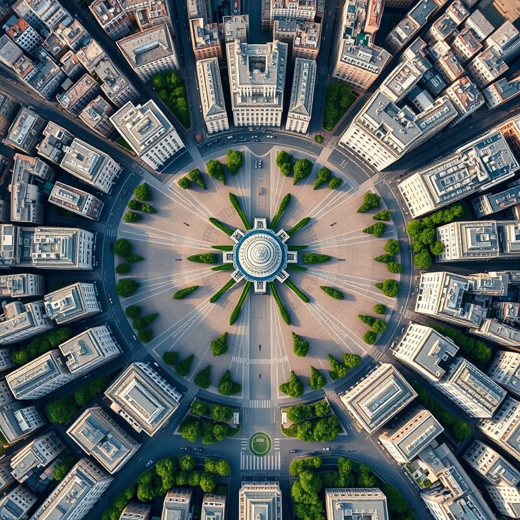 Aerial View of Star-Shaped Plaza in European City
