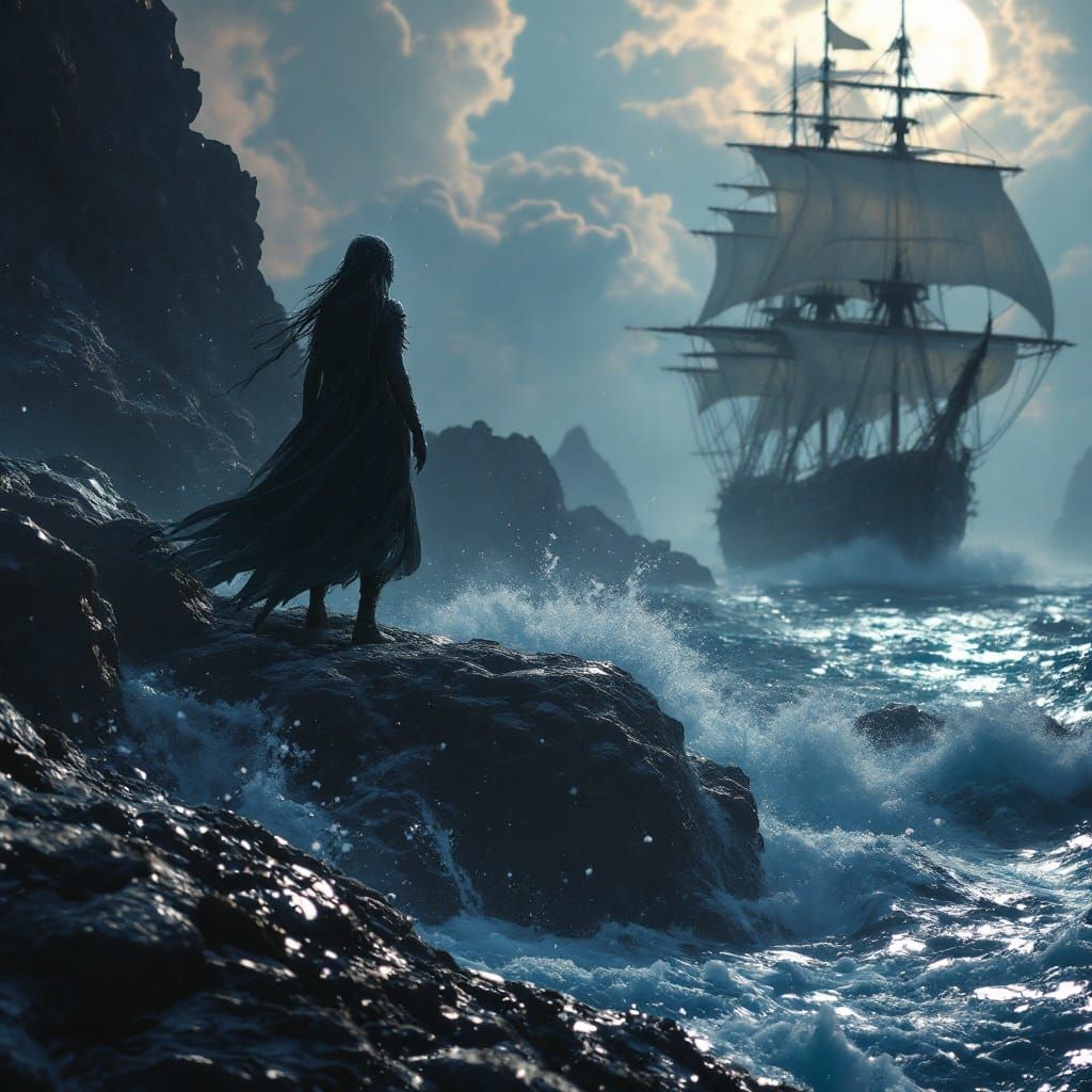 Sirens Beckon Sailors in Moonlight, Digital Art