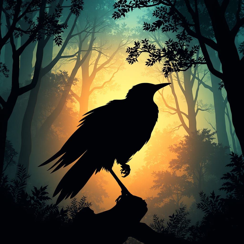 Enchanted Forest Silhouette with Majestic Bird