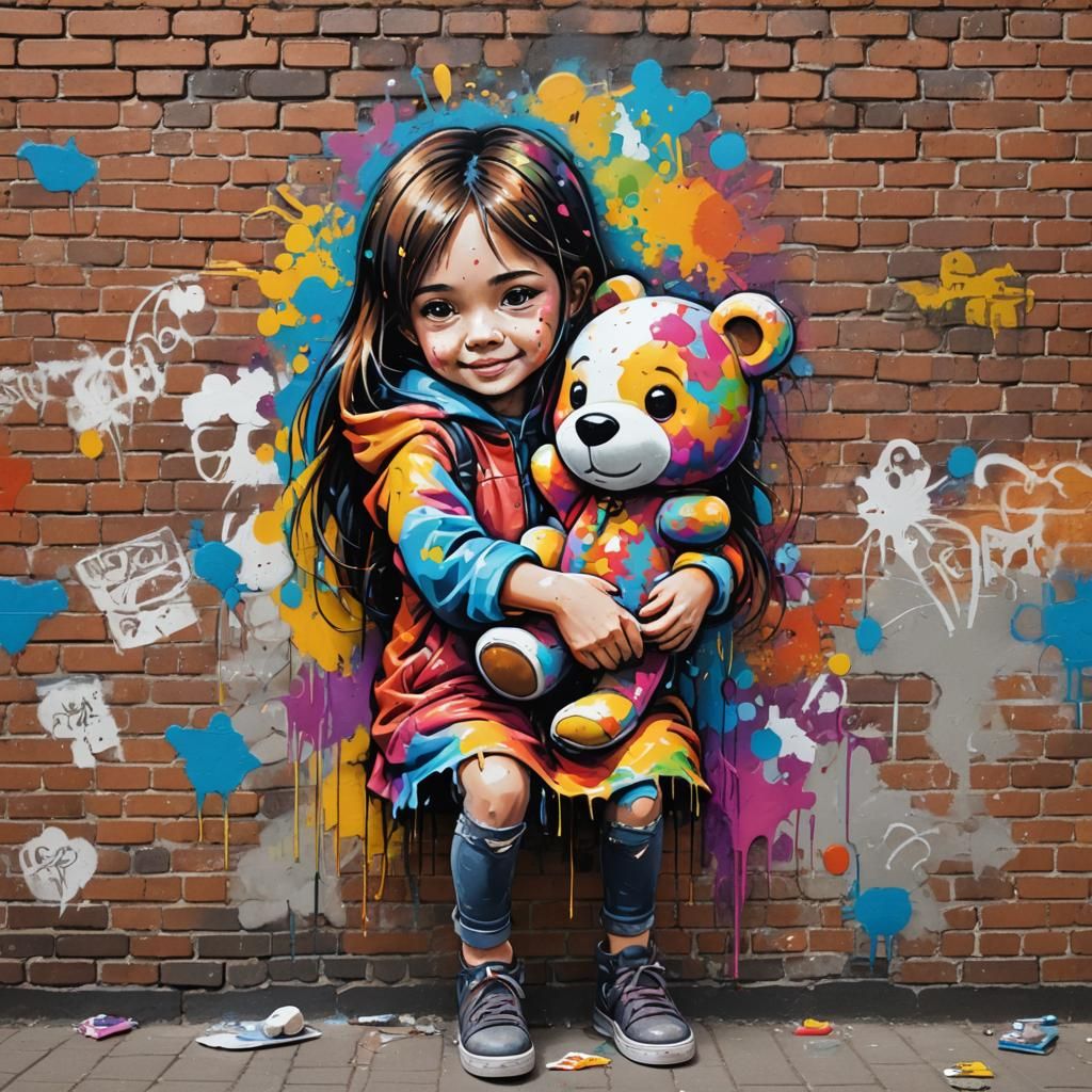 Cheerful Girl Graffiti Art on Brick Wall