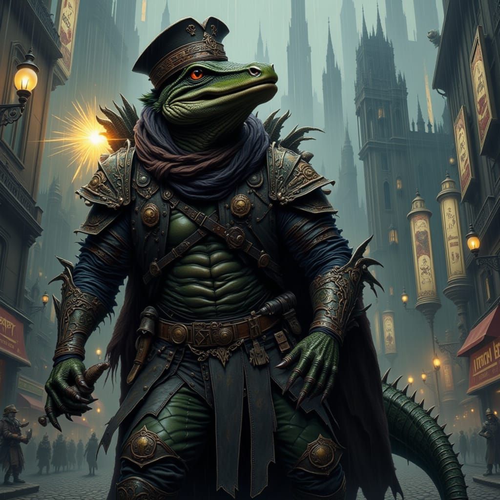 Anthropomorphic Alligator in a Futuristic Black City