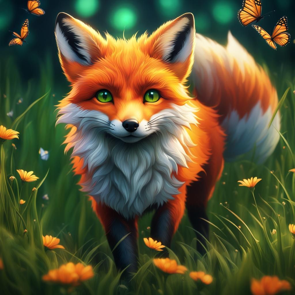 Cute Fox Ready to Pounce in Colorful Meadow