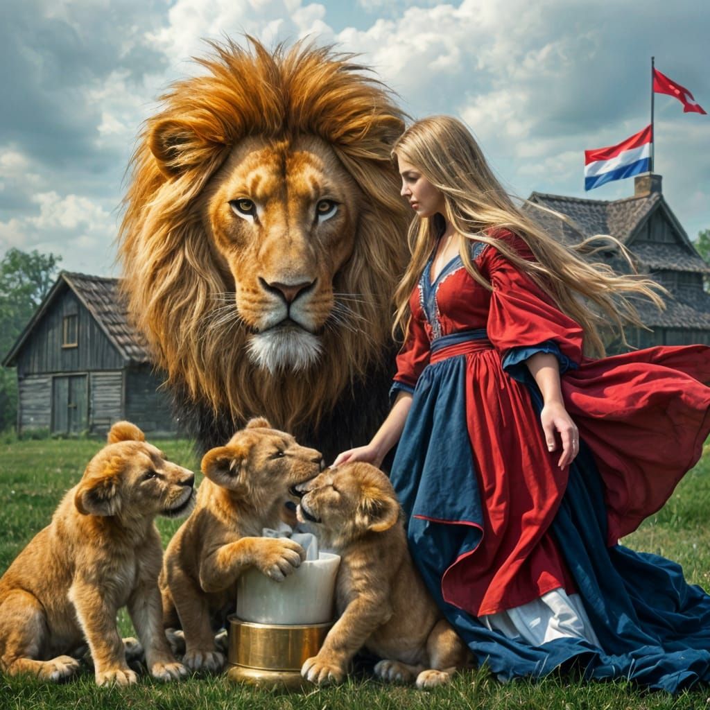 Regal Lion Encounters Dutch Beauty in Dreamlike Rural Scene