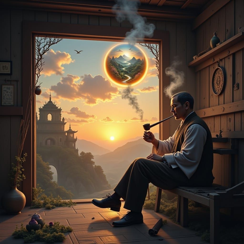 Contemplative Man with Ethereal Visions