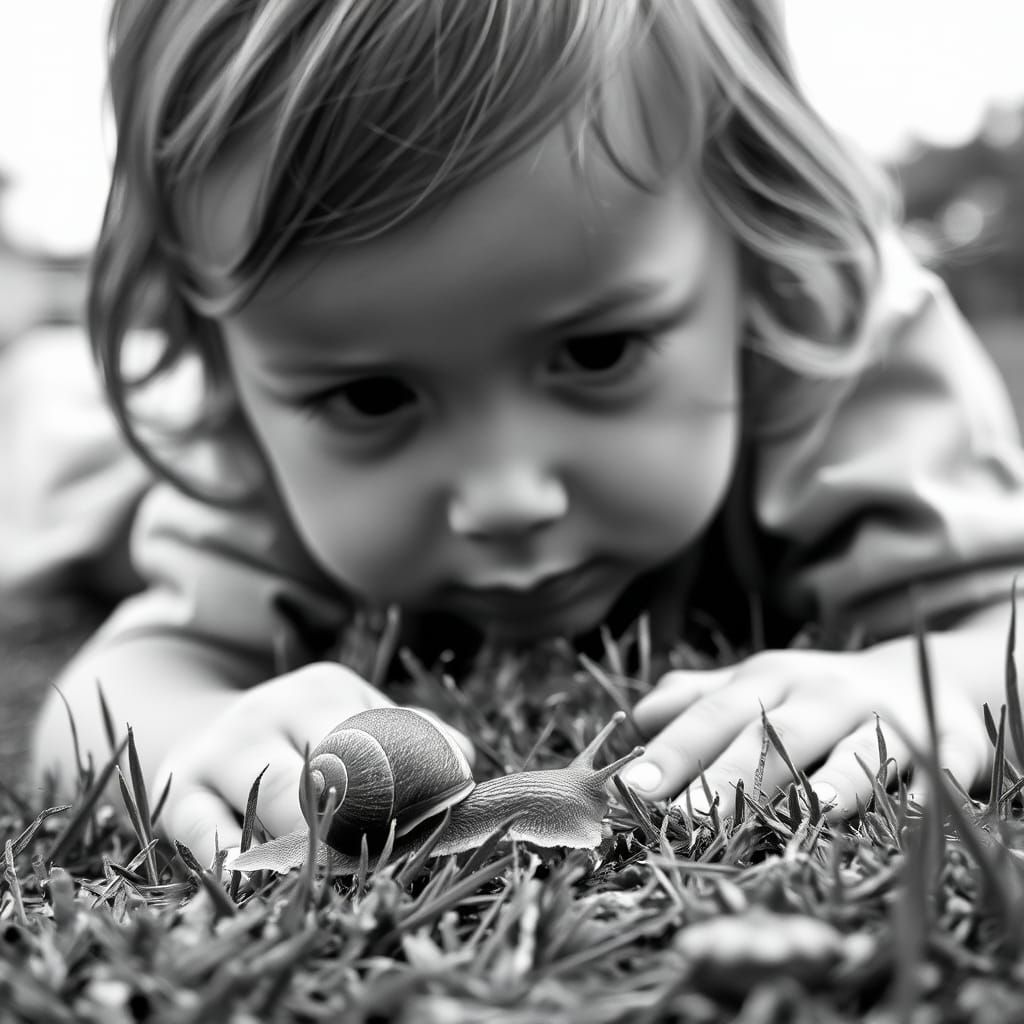 Child and Snail: Hyperrealistic Black and White Photo