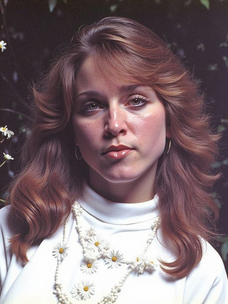 Smiling Hippie Goddess in Daisies, 60s Fashion Style