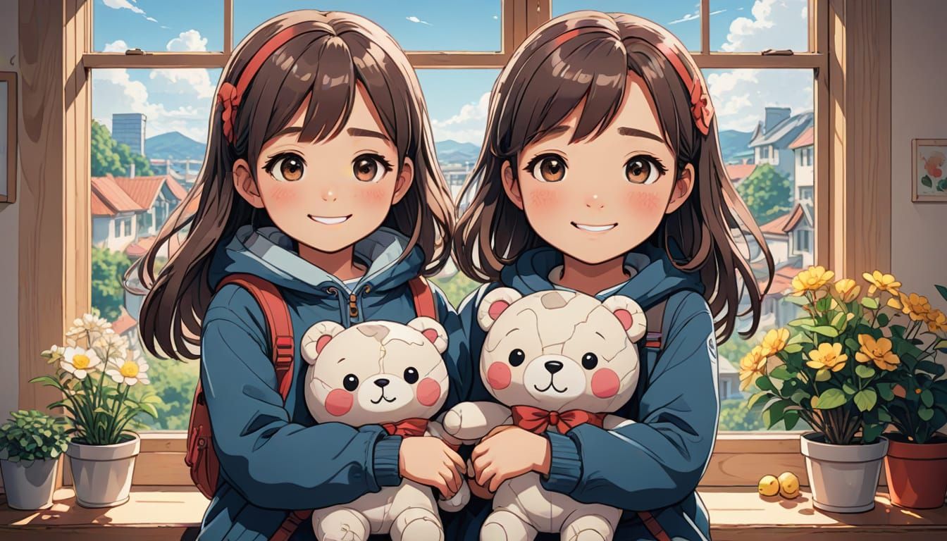 Cute Girl with Doll: Colorful Anime-Style Art