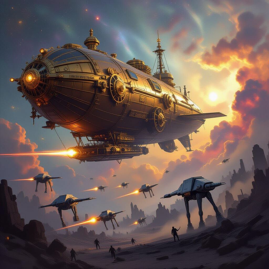 Steampunk Airship Navigates Cosmic Nebula