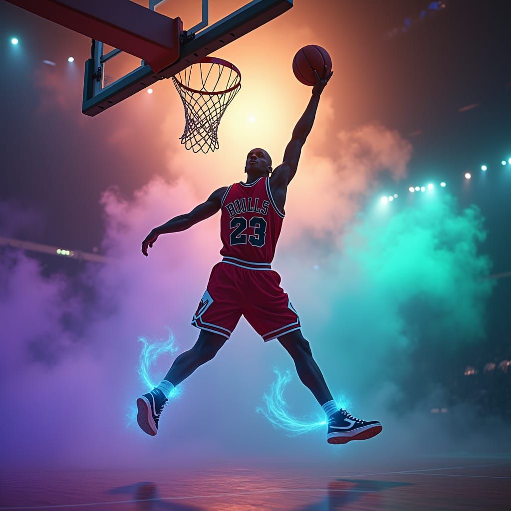 Michael Jordan's Soaring Dunk in Dreamlike Arena