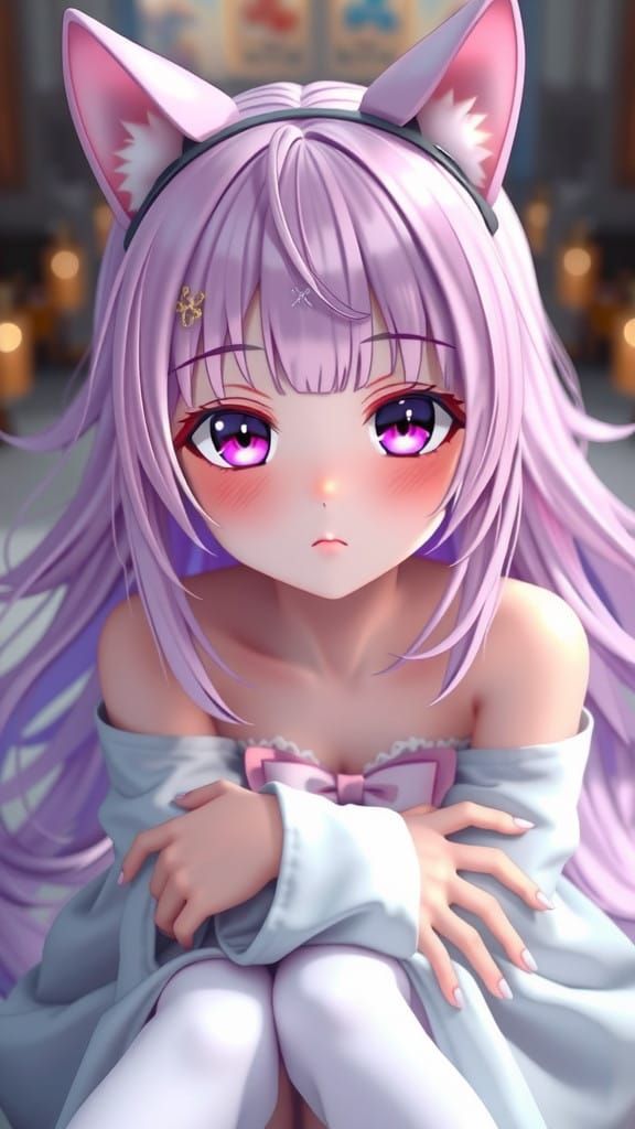 Ethereal Anime Princess with Vibrant Purple Hair and Cat Ear...