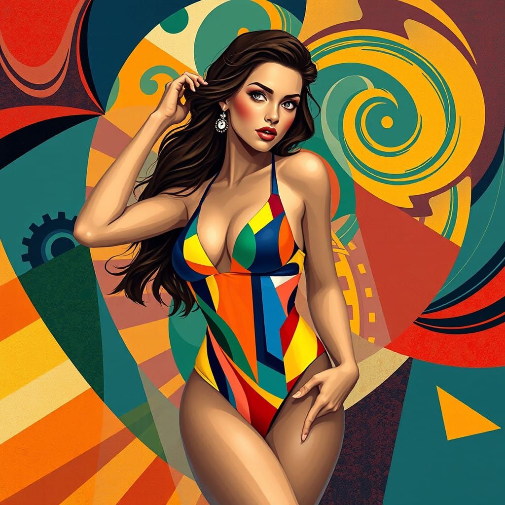 Girl in Art Deco-Inspired Swimsuit in Fragmented, Geometric...