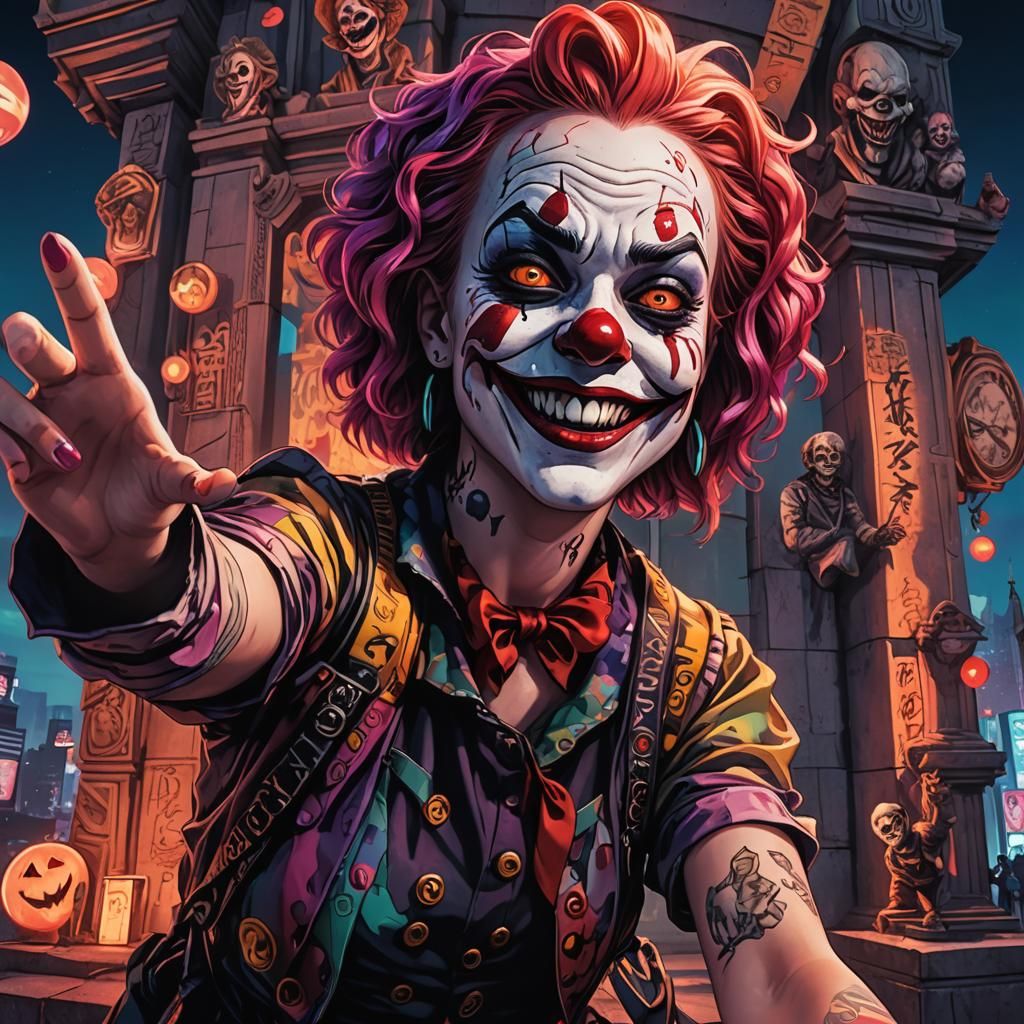 Girl's Selfie Interrupted by Clown in Manga Style