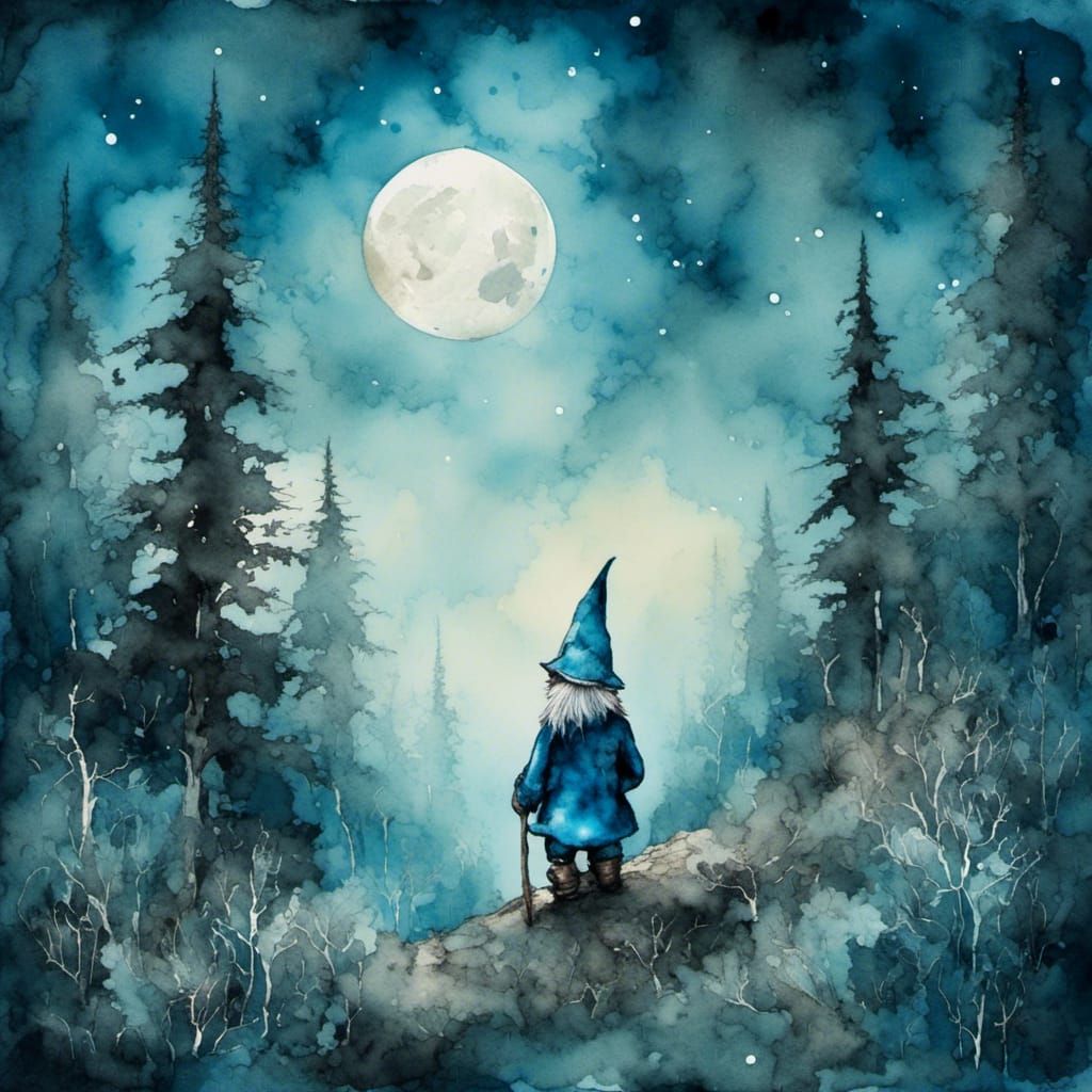 Gnome Gazing at Moon in Watercolor Dreamscape
