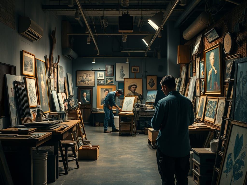 Hyperrealistic Art Studio Scene with People Working