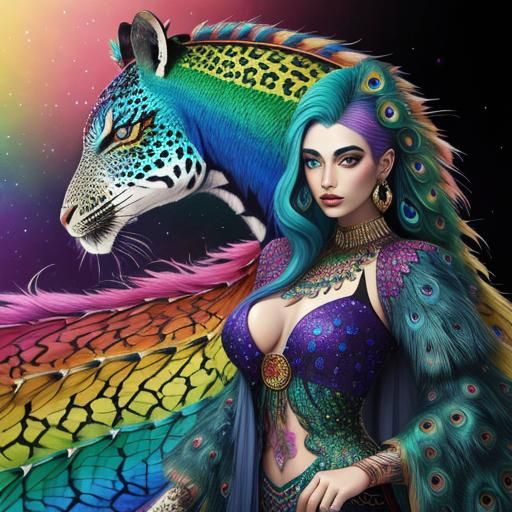 Rainbow Dragon Woman: Holographic Astral Illustration