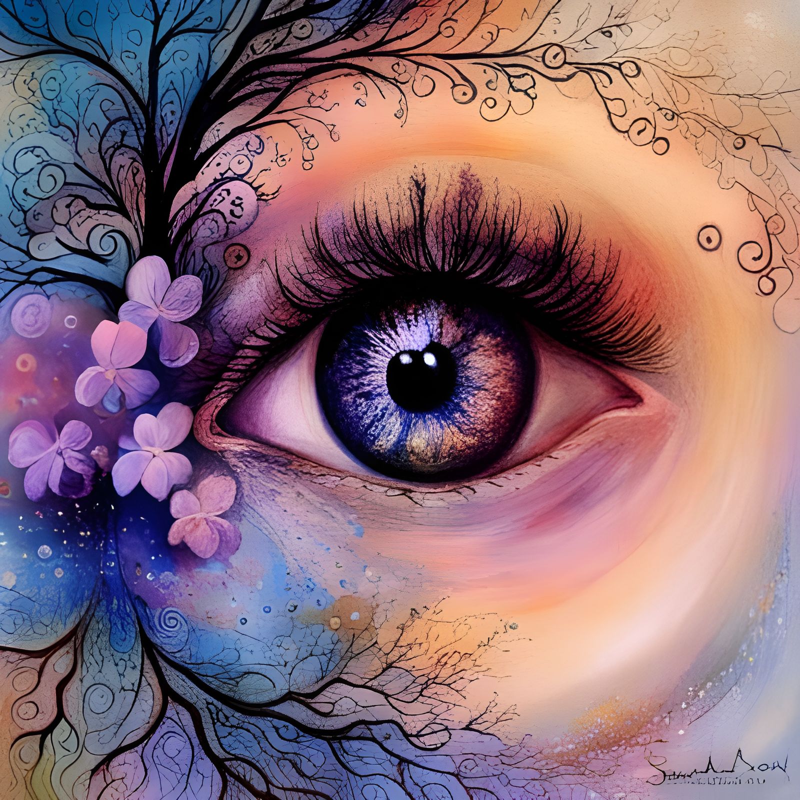 Surreal Eye with Floral Cascade in Detailed Style