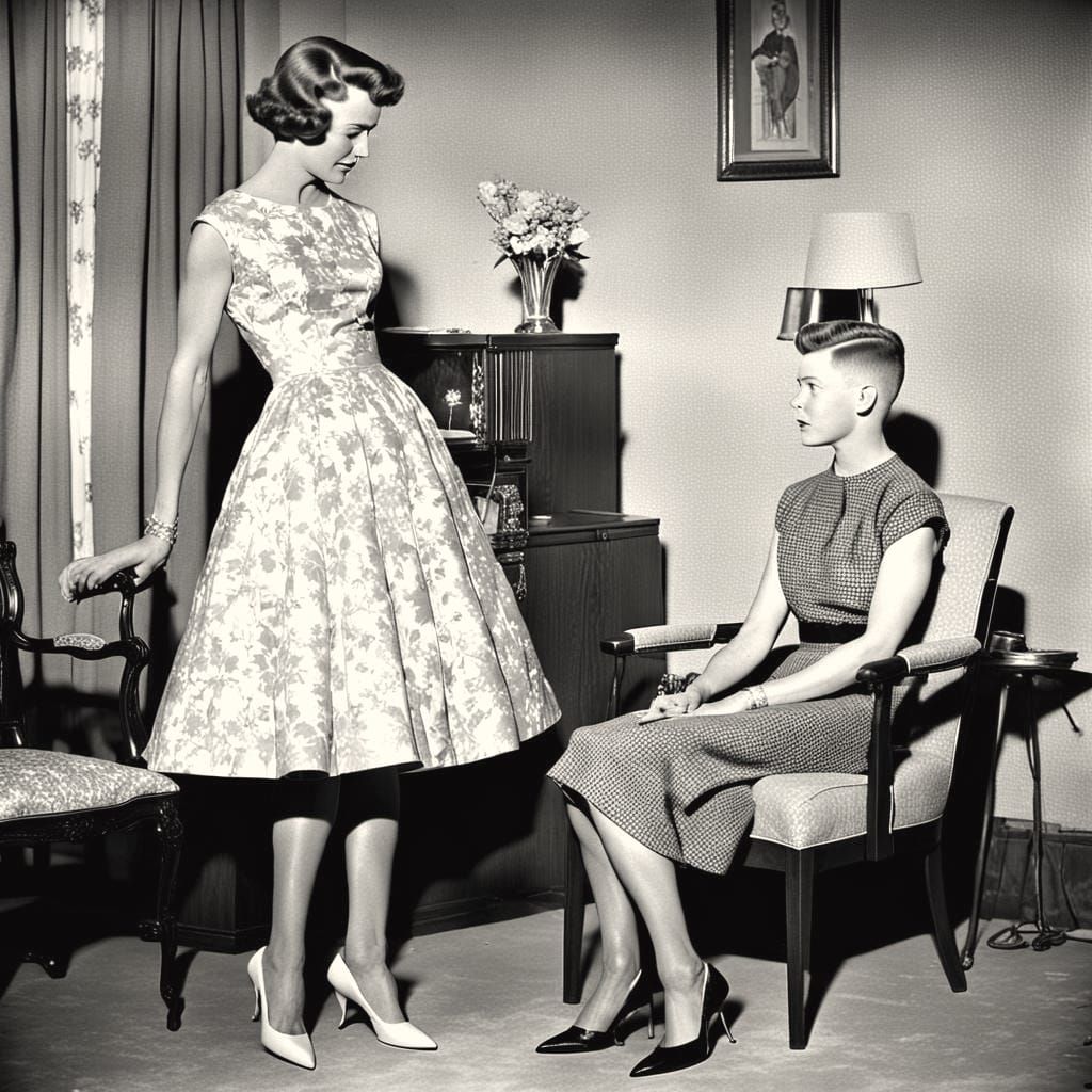 Boy in Dress in 1950s Living Room