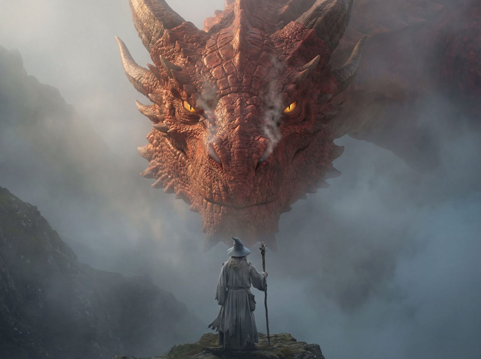 Huge Red Dragon Emerges From Fog Confronting Wizard