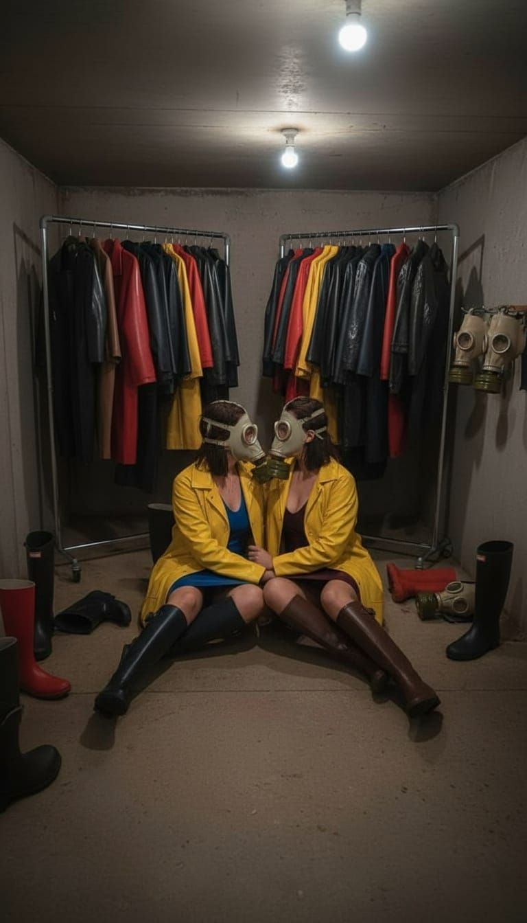 Two Women Embrace on Floor Leaning Against Wall