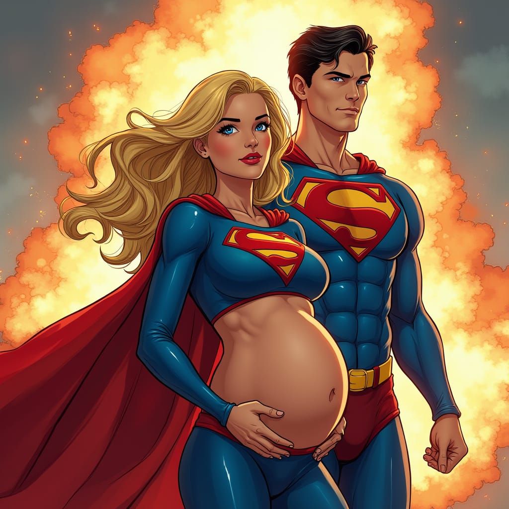 Pregnant Superheroine and Partner in Dynamic Heroic Scene