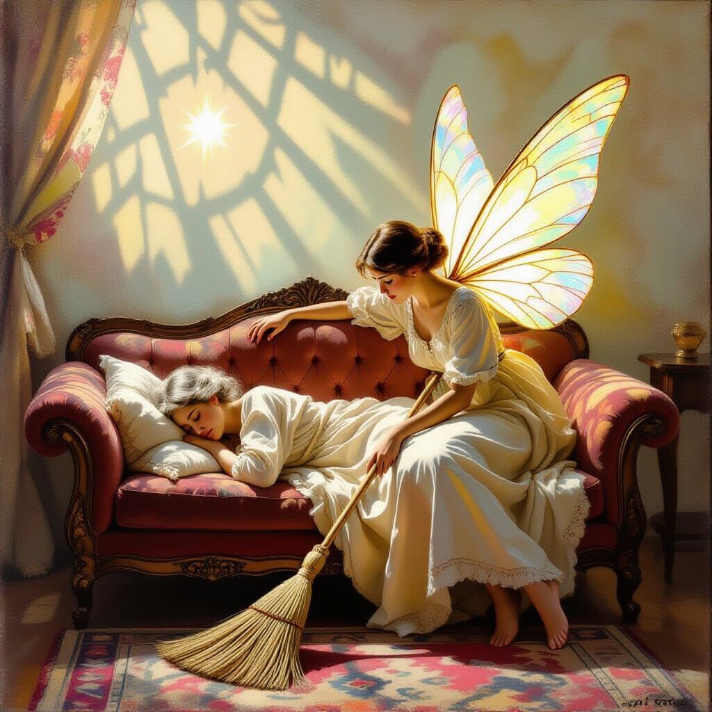 Elderly Woman Sleeps as Fairy Sweeps Floor in Monet Style