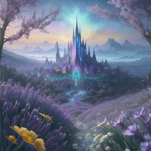 Pastel Creature on Cosmic Flower in Fantasy Forest