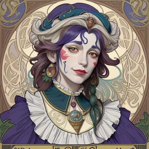 Art Nouveau Jester Portrait in Alphonse Mucha Style