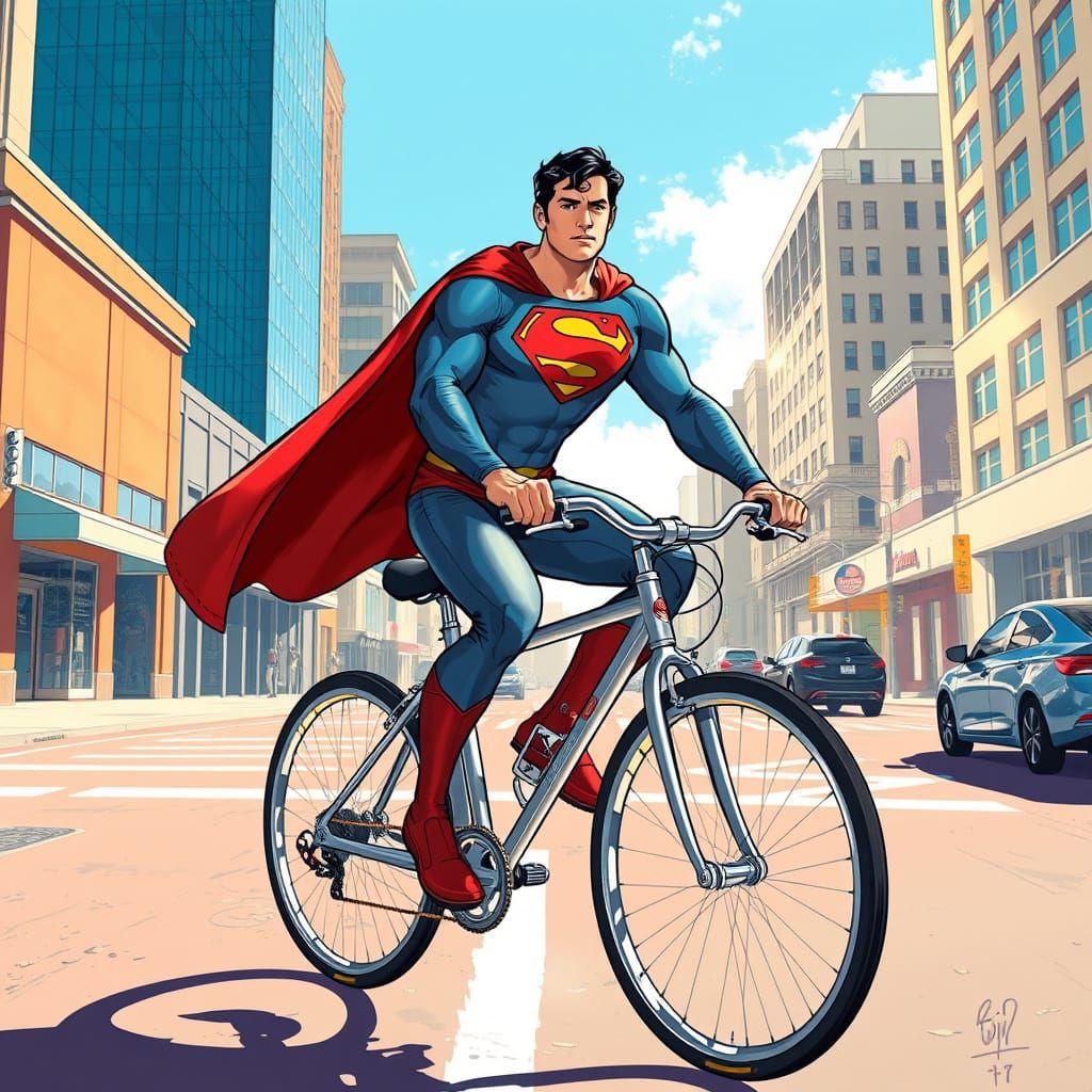 Superhero Riding a Futuristic Bike in City