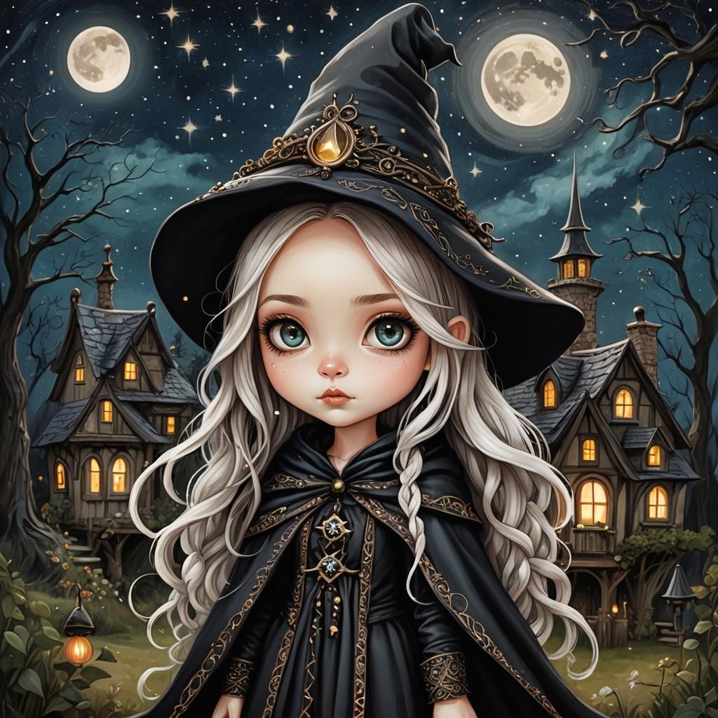 Chibi Witch Girl in Night Sky, Burton-esque Art
