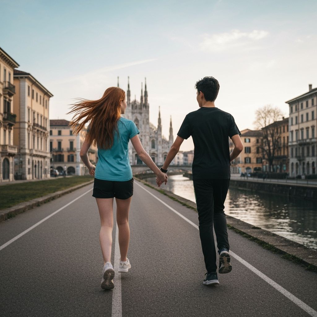 Couple Running by Milan Cathedral in Golden Light