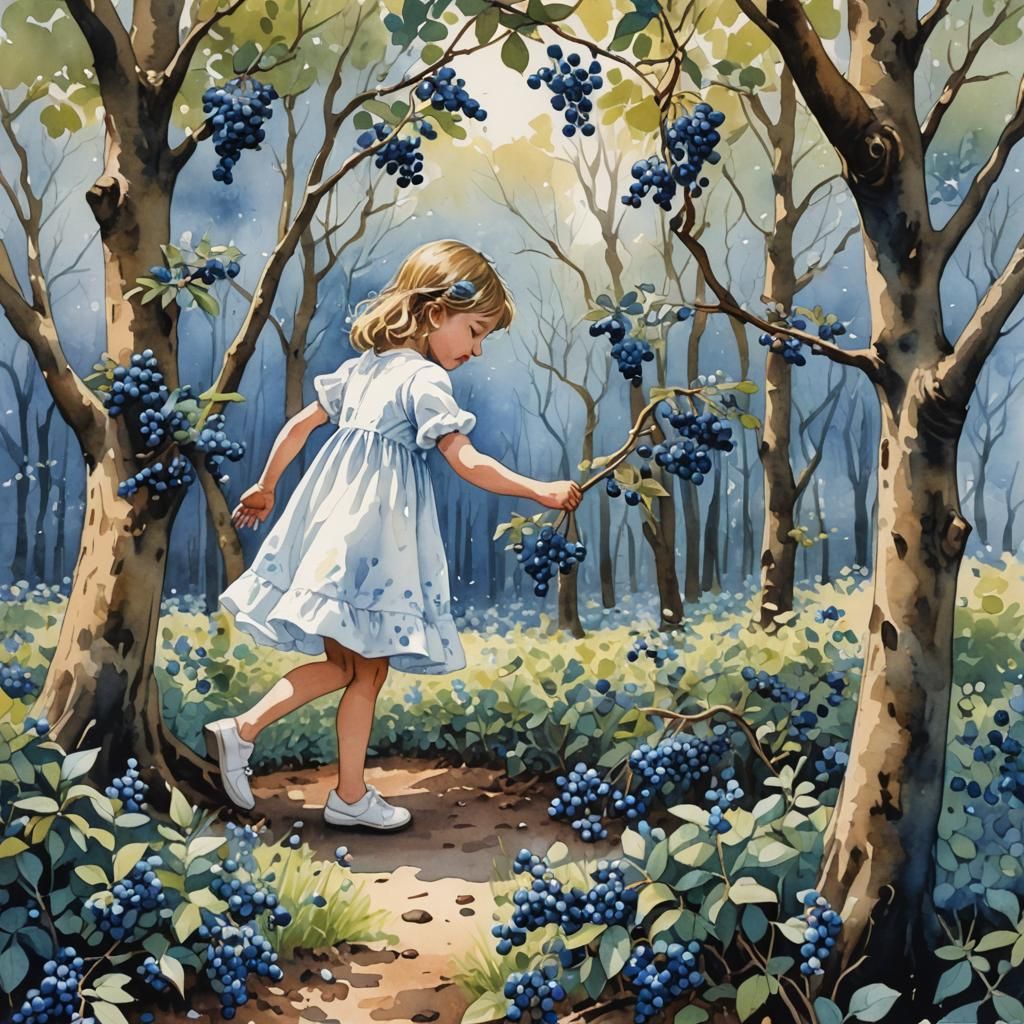 Girl Picking Blueberries: Pen, Ink and Watercolor Gouache